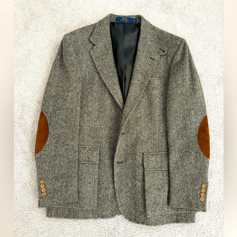 Polo Ralph Lauren 44R Grey Herringbone Wool-Alpaca sport coat with suede details